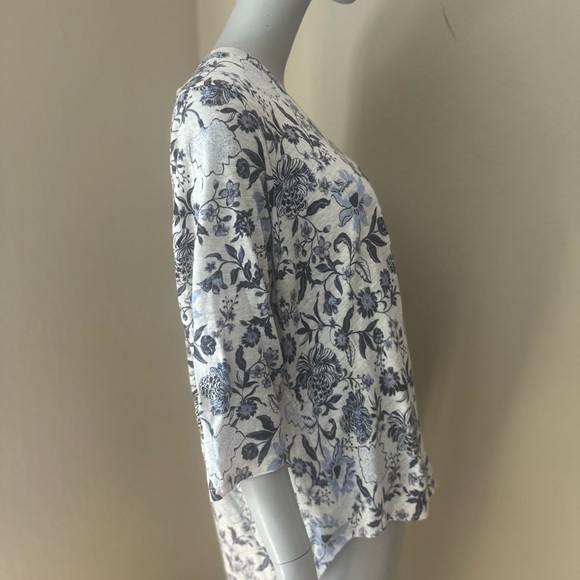 RACHEL ZOE 100% Linen Floral Knit Tunic Tee V-Neck Top 3/4 Sleeves Blue White - Picture 9 of 16